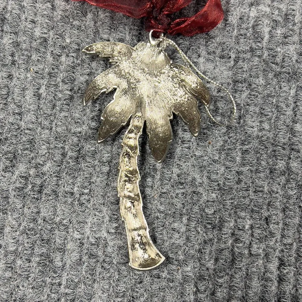 VTG Christmas Tree Ornament Cloisonne Silver Palm Tree Coconut Accents 4
